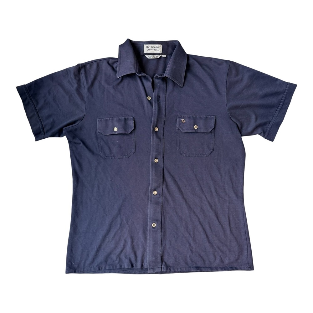 Vintage Christian Dior Monsieur Navy Button Up Shirt Mens L Dior Spell Out Light